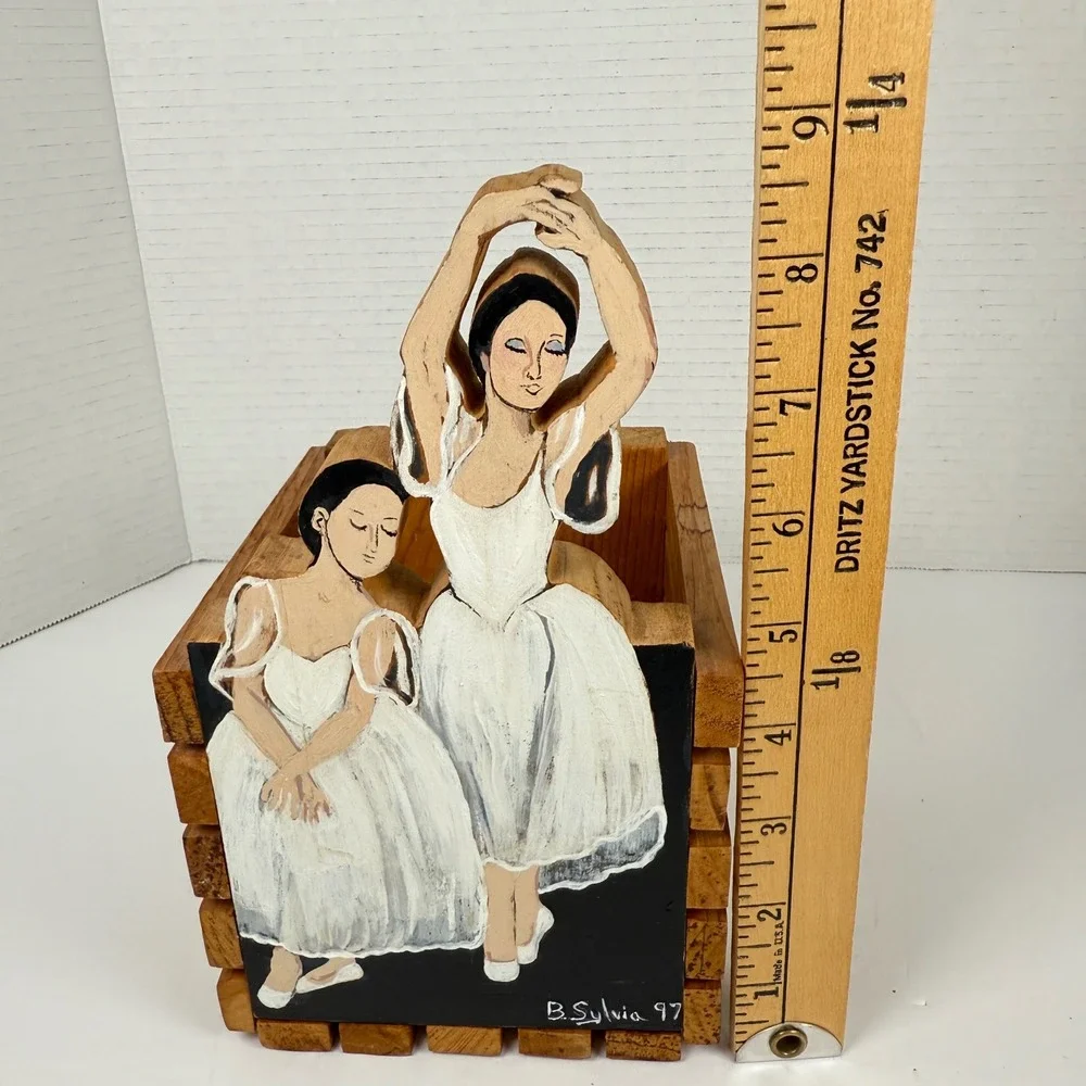 Vintage hand painted ballerinas B. Sylvia Wooden Crate caddy box Planter 1997